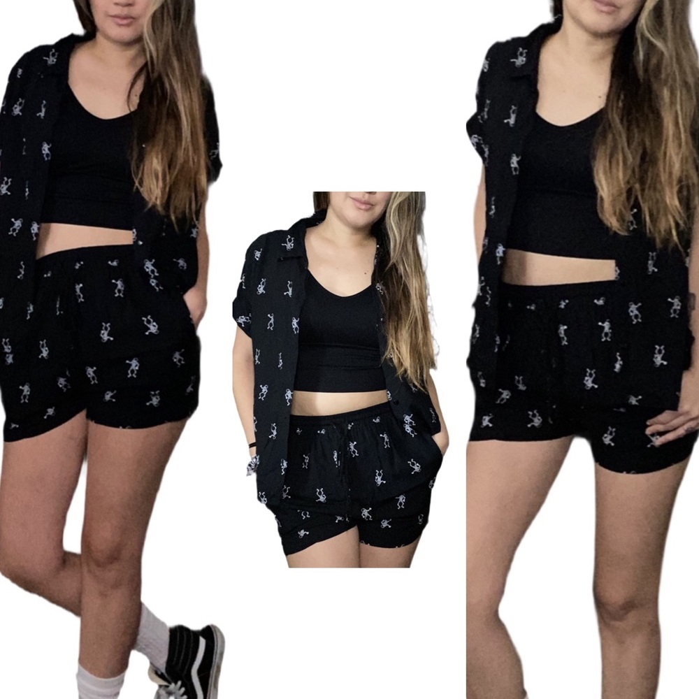 Comfy Goth/ Halloween Black Shirt and Shorts Set with White Skeleton Design